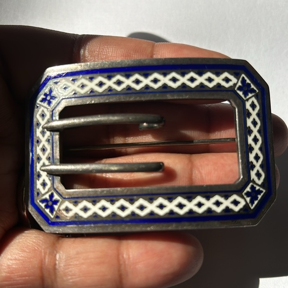 Antique Edwardian Blue and White Enamel Sterling Brooch Buckle - Picture 4 of 11